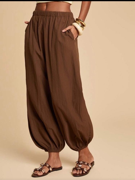 Pants - Brown Elastic-Waist Harem Pants